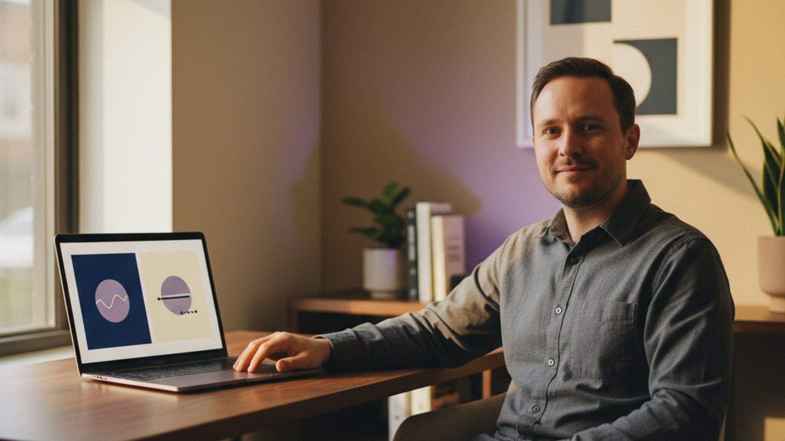 A confident CTO smiles calmly, reviewing a clean, abstract dashboard on a laptop, reflecting successful production RAG and LLM agent engineering.