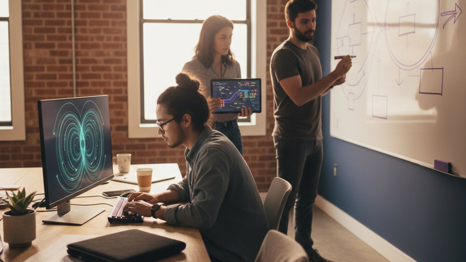 Focused engineers collaborate on system architecture, building robust production RAG and LLM agents for AI SaaS products.