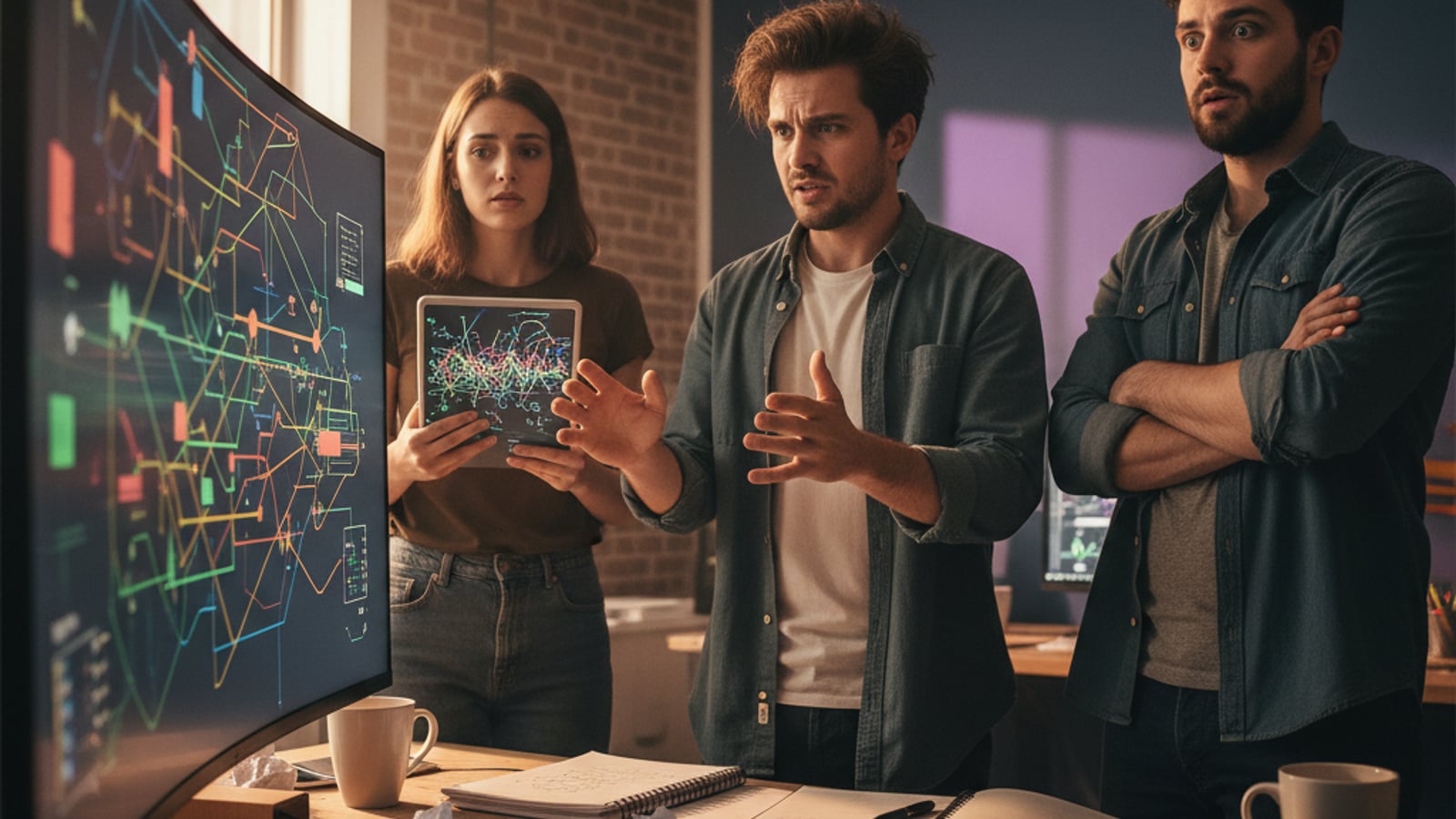 A startup founder gestures at a monitor with abstract diagrams, conveying frustration over complex rag and llm agents for b2b saas.