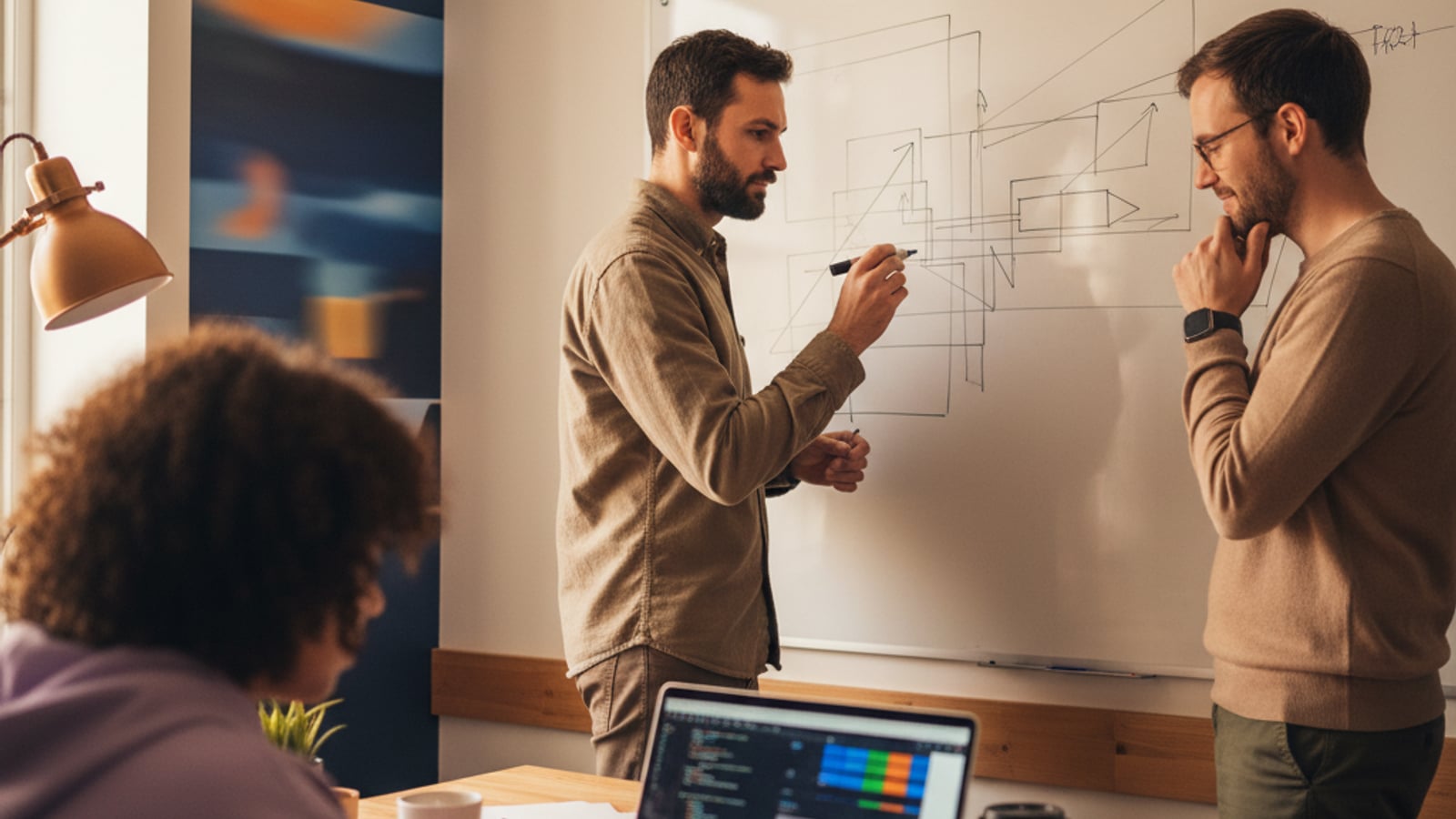 Engineers collaborate around a whiteboard with abstract architecture, building robust rag and llm agents for b2b saas.