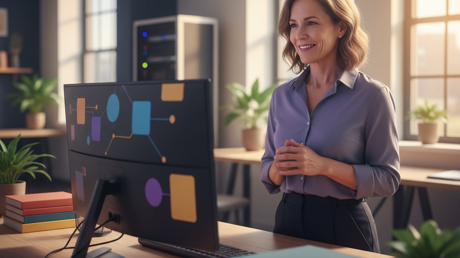 A confident CTO views a clean dashboard with abstract data, reflecting control over rag and llm agents for b2b saas.