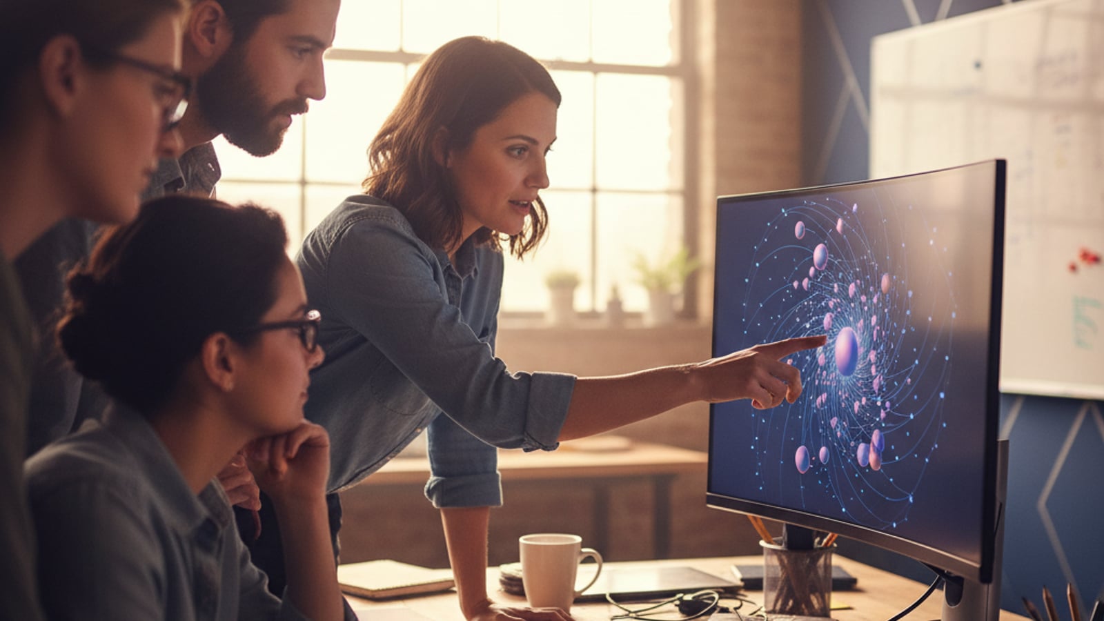 Three engineers collaborate, discussing complex data architecture on a large monitor, key to RAG and LLM agents for creator platforms.