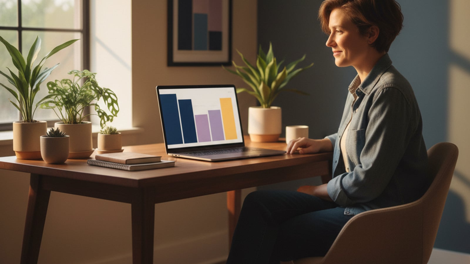 A creator calmly reviews a clear, color-blocked dashboard on a laptop, showing the impact of LLM agents for creator platforms.