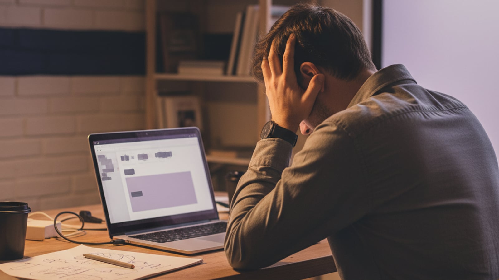 Frustrated CTO at a desk, head in hands, looking at a laptop with a sparse marketplace search results page, showing the pain of poor RAG and LLM search.