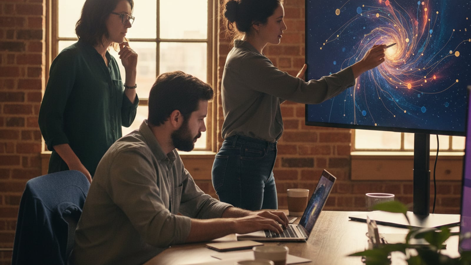 An engineering team collaborates around a large monitor displaying abstract data embeddings and retrieval pathways for RAG and LLM search.