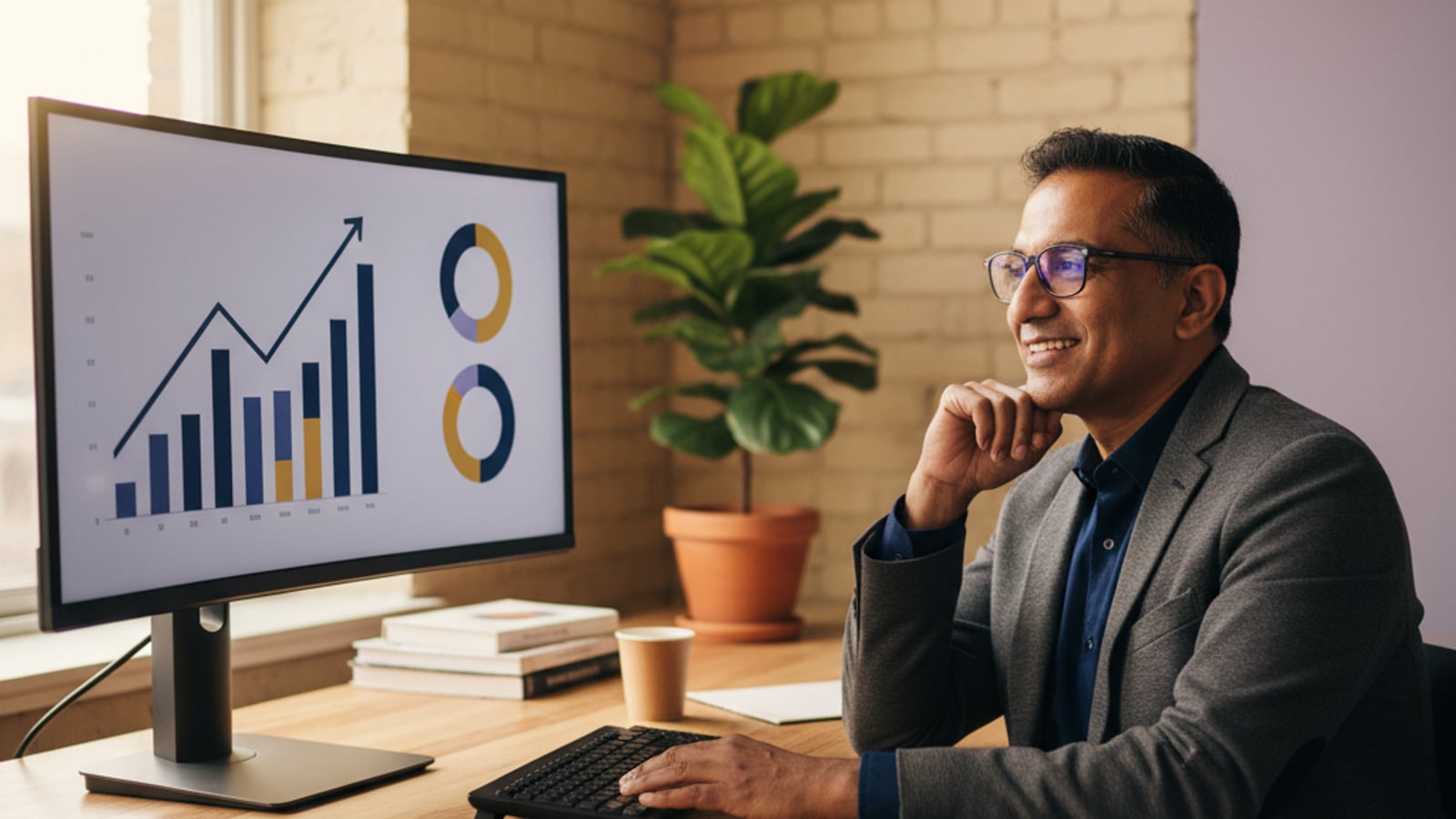 A confident CTO smiles, viewing a dashboard with upward-trending graphs, reflecting successful RAG and LLM search for marketplace platforms.