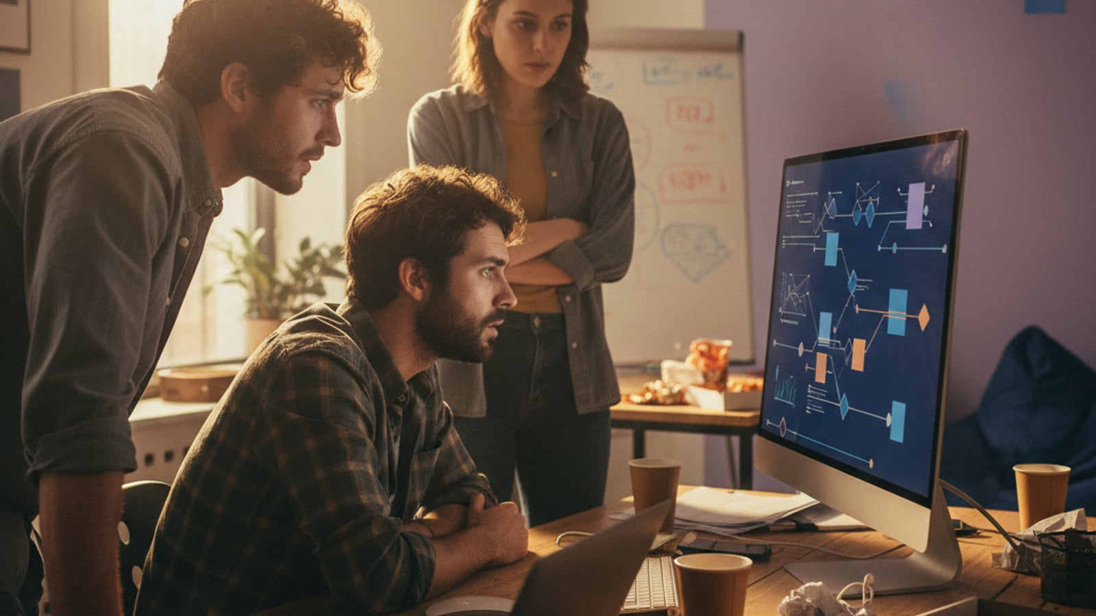 Startup engineers look worried at complex data flows on a monitor, concerned about PHI handling with rag and llm agents for telehealth saas.