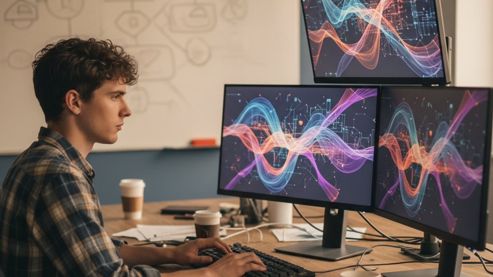 Engineer intently codes on multiple screens, abstract visuals showing dual-store retrieval for rag and llm agents for telehealth saas.