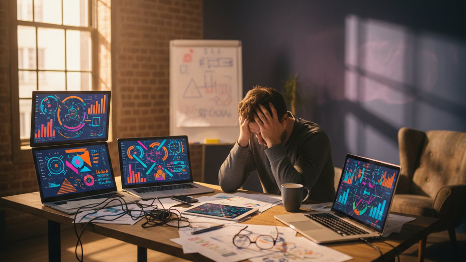 A frustrated technical founder, head in hands, surrounded by screens displaying messy data, highlighting complex stripe billing architecture for saas.