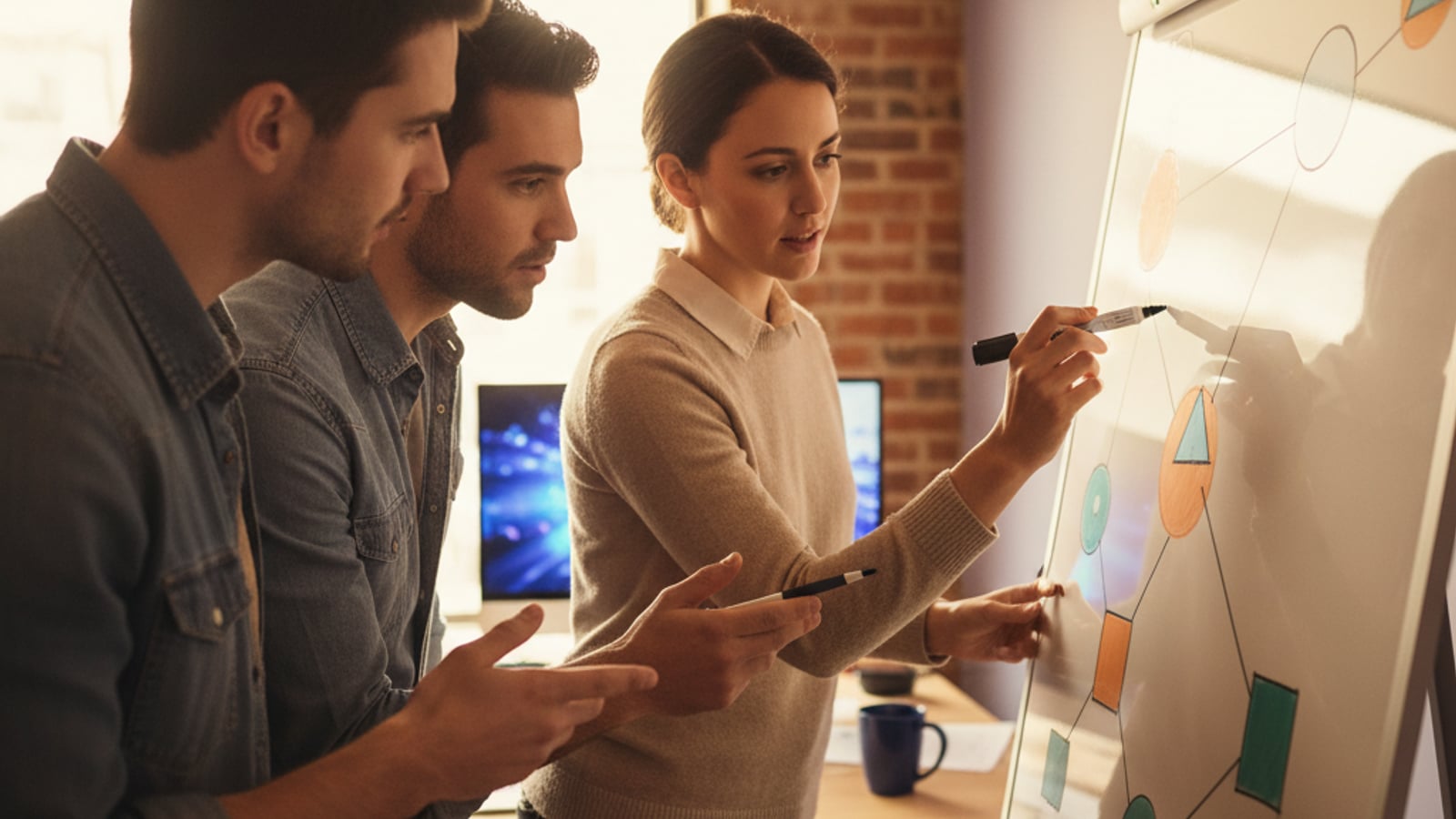 Three engineers collaborate intently, designing a robust stripe billing architecture for saas on a large whiteboard with abstract shapes.