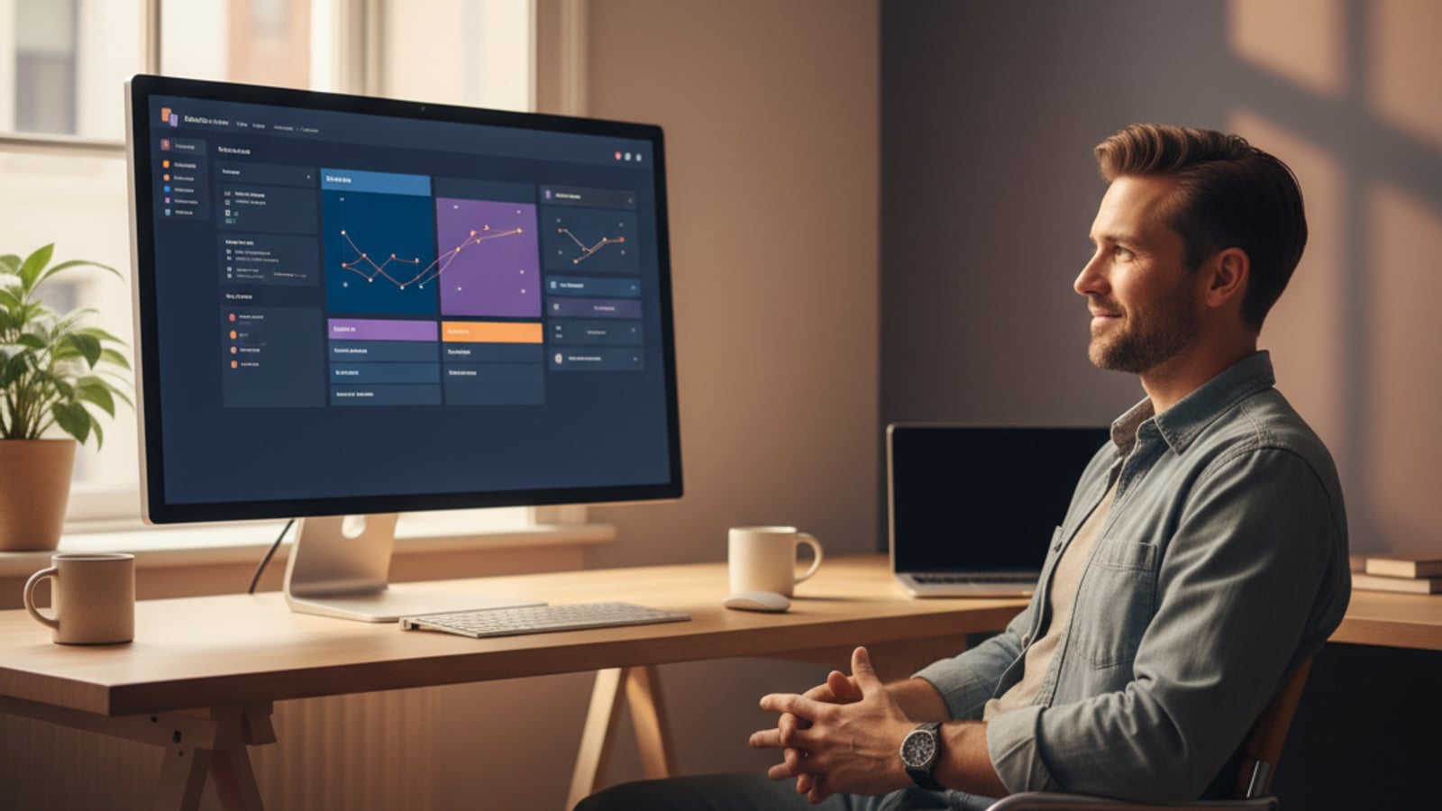 A confident technical founder reviews a clean, color-blocked dashboard, reflecting a stable and optimized stripe billing architecture for saas.
