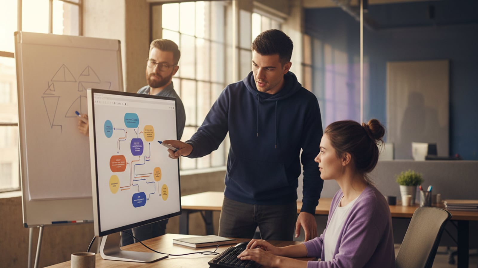 Three engineers intensely collaborate, discussing abstract data flow diagrams on a large monitor for improved stripe billing for AI SaaS products.