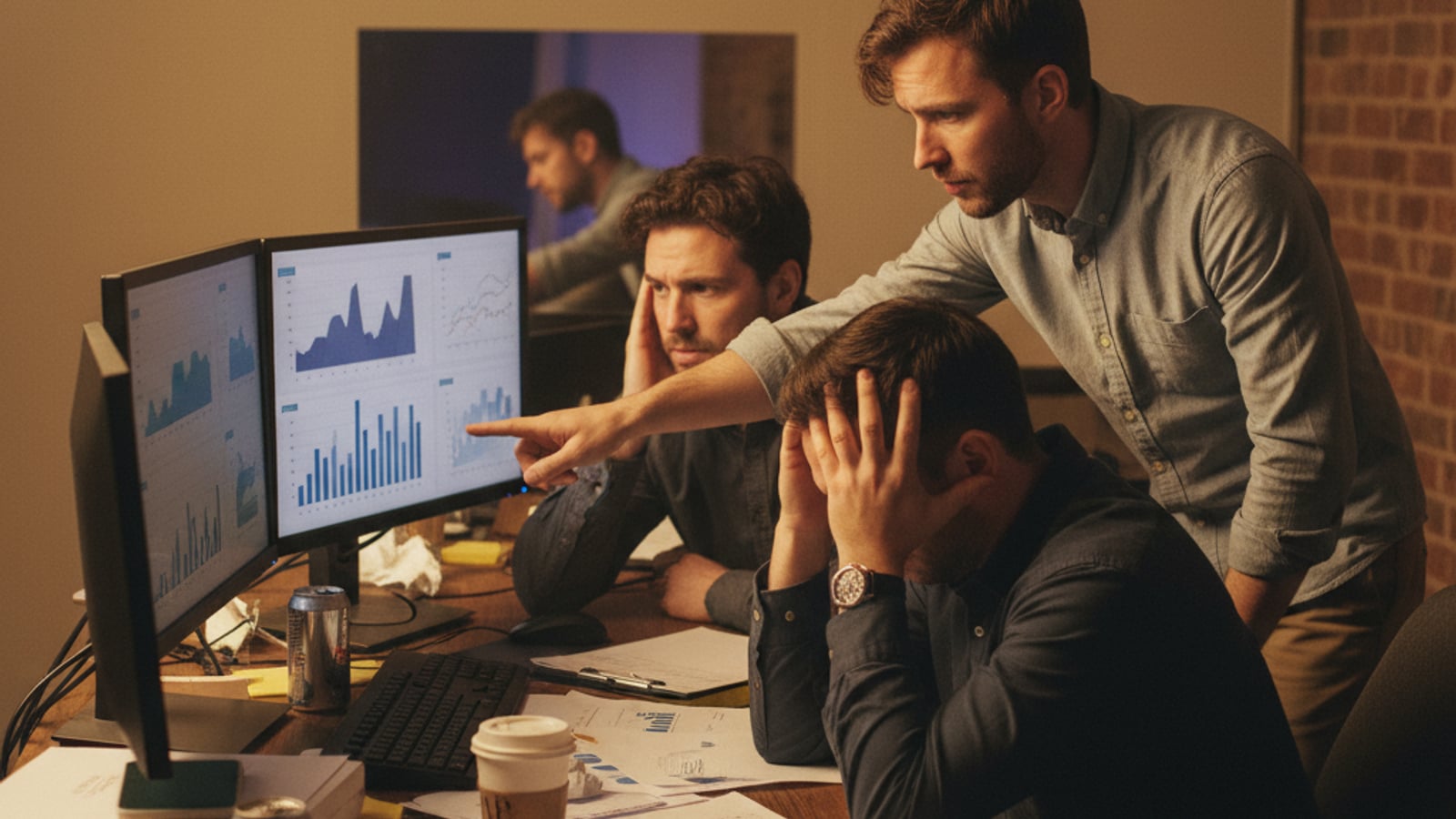 Two frustrated engineers and a finance manager review complex, disparate data on multiple screens, grappling with fragmented B2B SaaS billing.