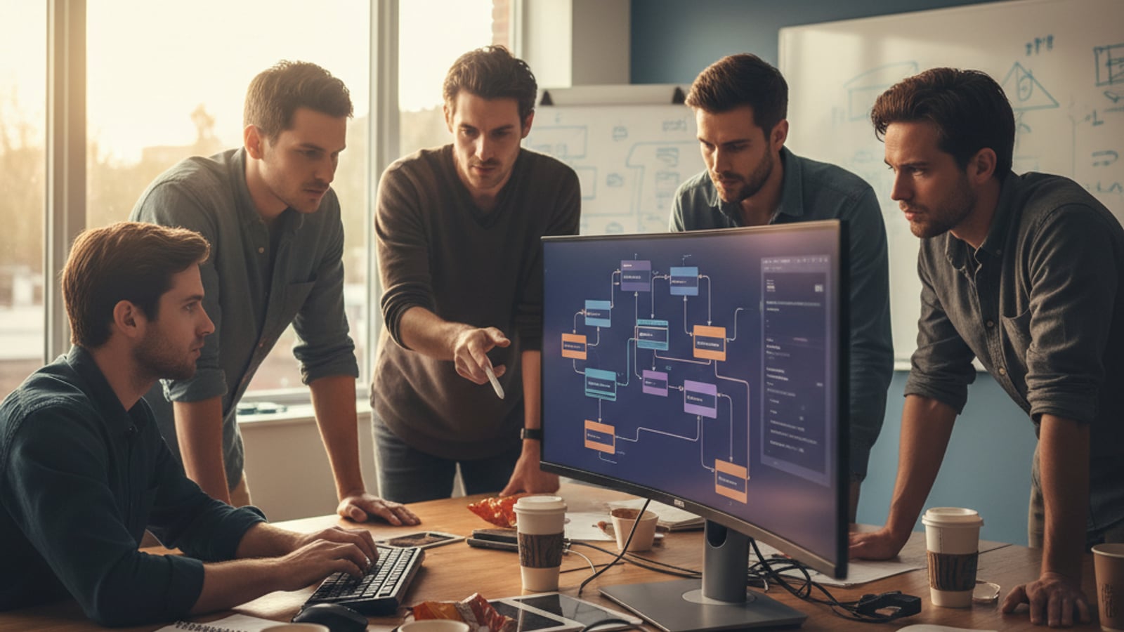 A focused team of engineers and a product manager collaboratively designing a unified Stripe billing architecture for B2B SaaS.