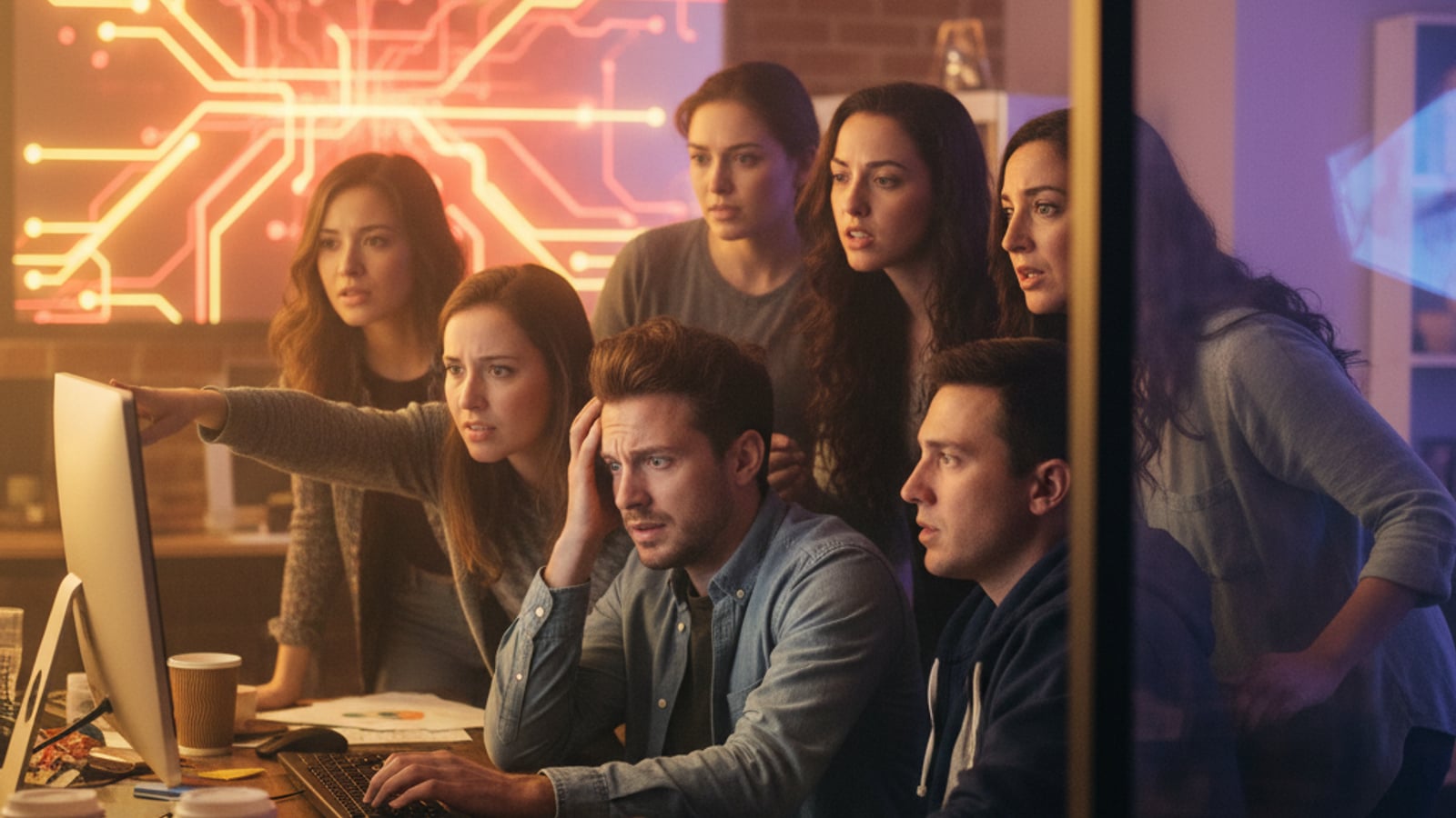 A startup CTO with a worried expression, surrounded by a tense team, grappling with a critical issue in Stripe billing for creator economy platforms during a chaotic product launch.