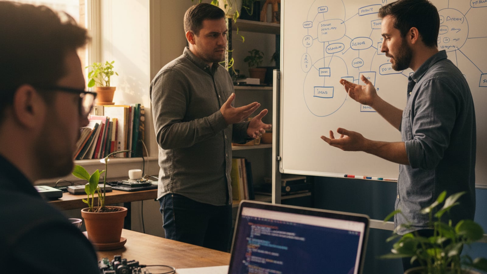 Three focused engineers collaborating around a whiteboard, sketching abstract system architecture for robust Stripe billing for creator economy platforms.