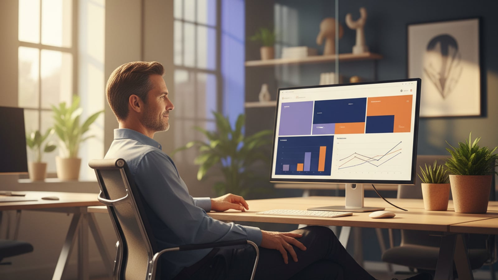 A calm, confident CTO observes a clean, color-blocked dashboard, reflecting successful and stable Stripe billing for creator economy platforms operations.