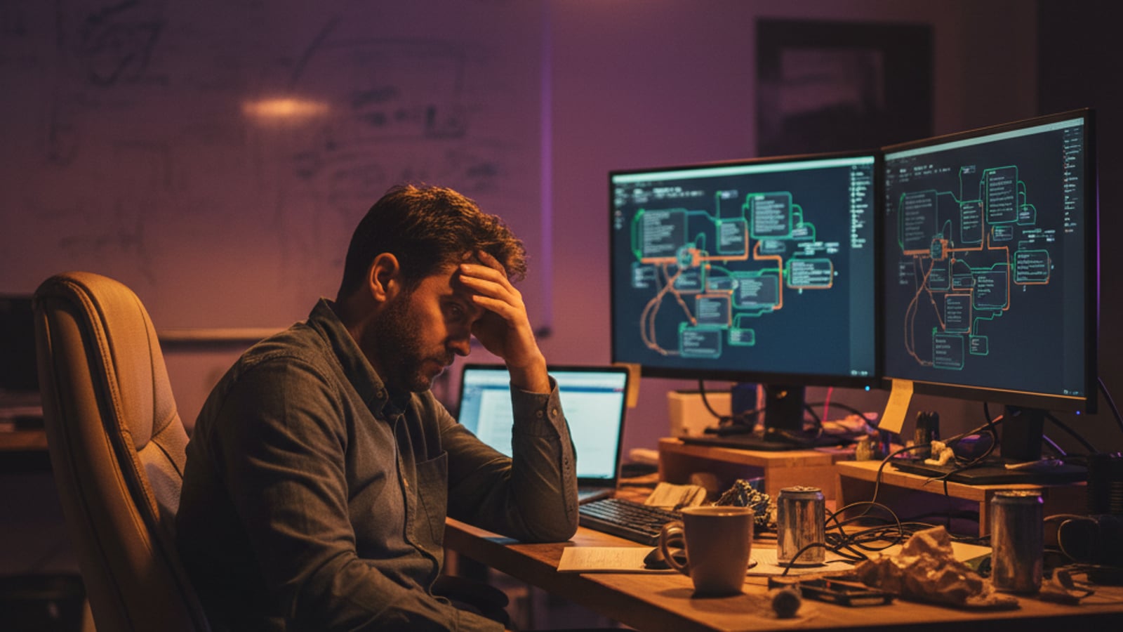 A stressed technical founder at night, facing multiple monitors with tangled abstract system flows, grappling with marketplace billing complexities.