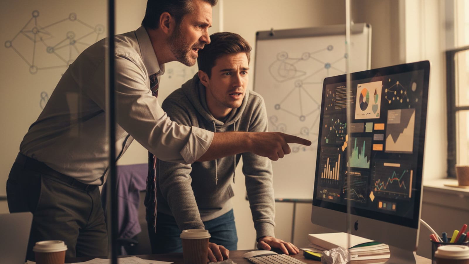 A CTO and engineer look stressed at a confusing, abstract financial dashboard, struggling with telehealth billing.