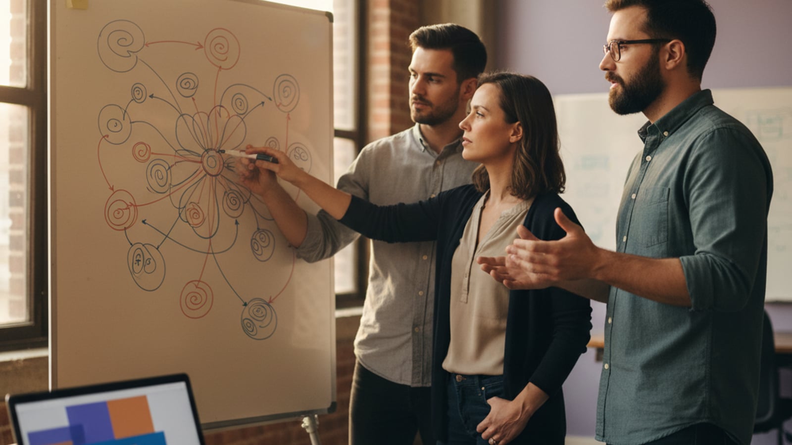 Engineers collaborate at a whiteboard, sketching abstract system diagrams for telehealth billing.